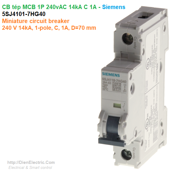 CB tép MCB 1P 240vAC 14kA C 1A - Siemens - 5SJ4101-7HG40 Miniature circuit breaker 240 V 14kA, 1-pole, C, 1A, D=70 mm